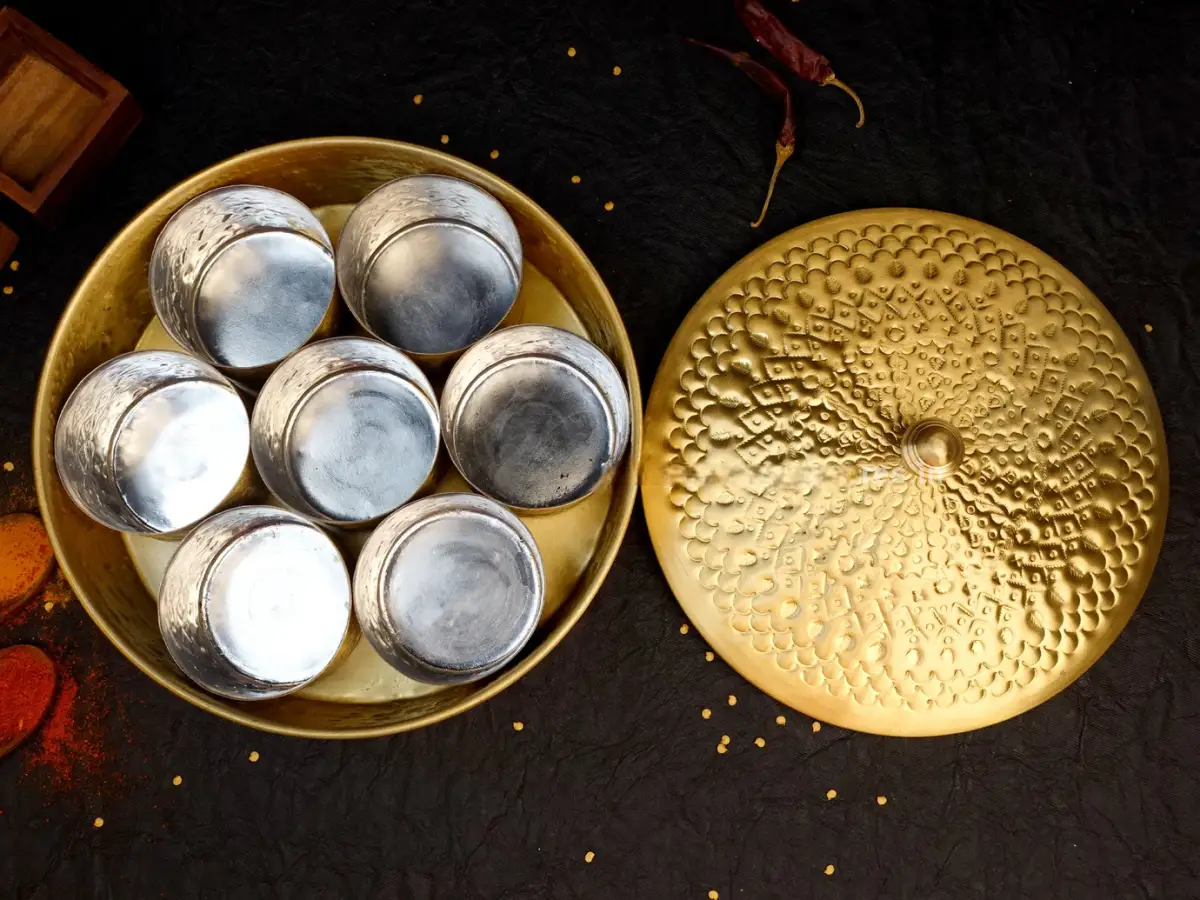 Spice Box - Hammered - Antique Pin - With Kalai In Cups .